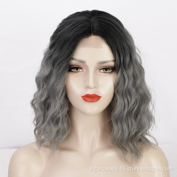 Shoulder Length Cheapest Top Quality Wholesale Glueless Bob Curly Wave Short Ombre Grey Synthetic U Part Lace Front Wig